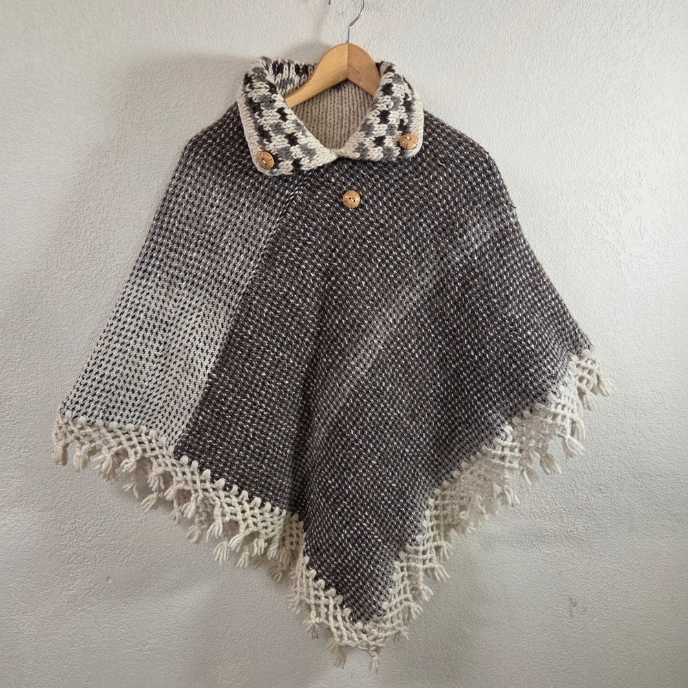 Vintage Handmade Wool Knit Poncho Brown Cream Fringed Collar Cape Wrap